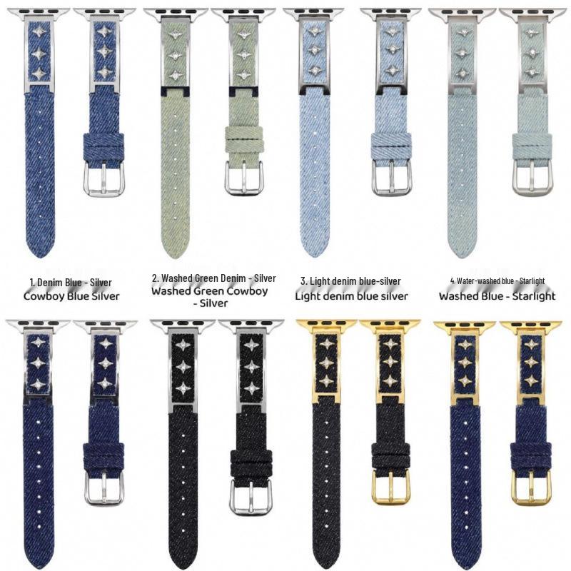 Starry Denim Leather Strap for Apple Watch 11, iWatch 109876E, Huawei GT6, and Xiaomi 9 Pro.