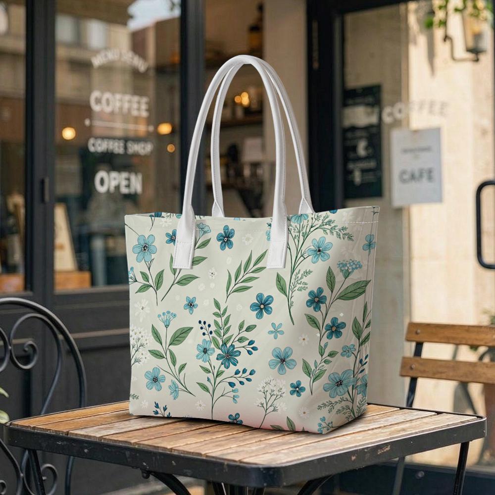 Elegant Blue Floral Print Tote Bag Casual Large Capacity Daily Carry Ladies Fashion Handbag