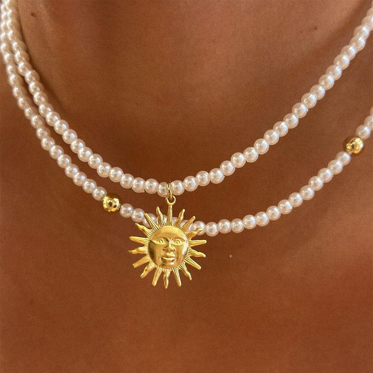 Vintage Golden-Toned Sun Pendant Pearl Necklace for Women Elegant Beads Chain Choker Neck Statement Party Jewelry Gifts