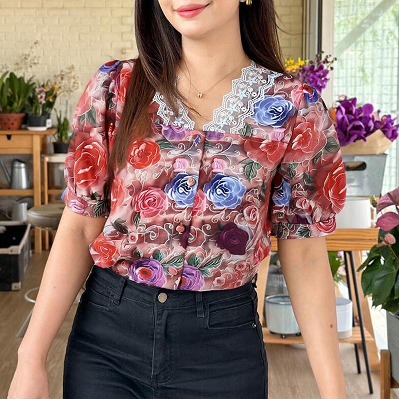 ZANZEA Women Summer Lace Splice V-Neck Short Sleeve Floral Print Blouse