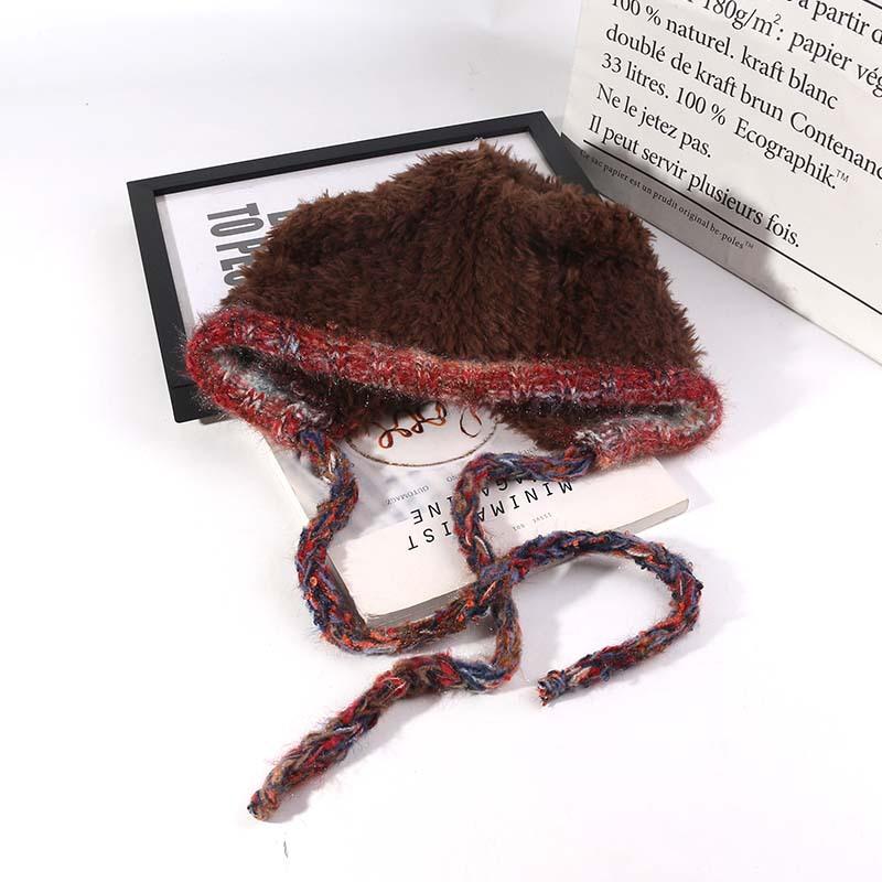 

Новая плюшевая шапка с медвежьими ушками на завязках смешанного цвета для женской зимы, теплая, с защитой ушей, вязаная шерстяная шапка, шапка-пуловер M（56-58cm）