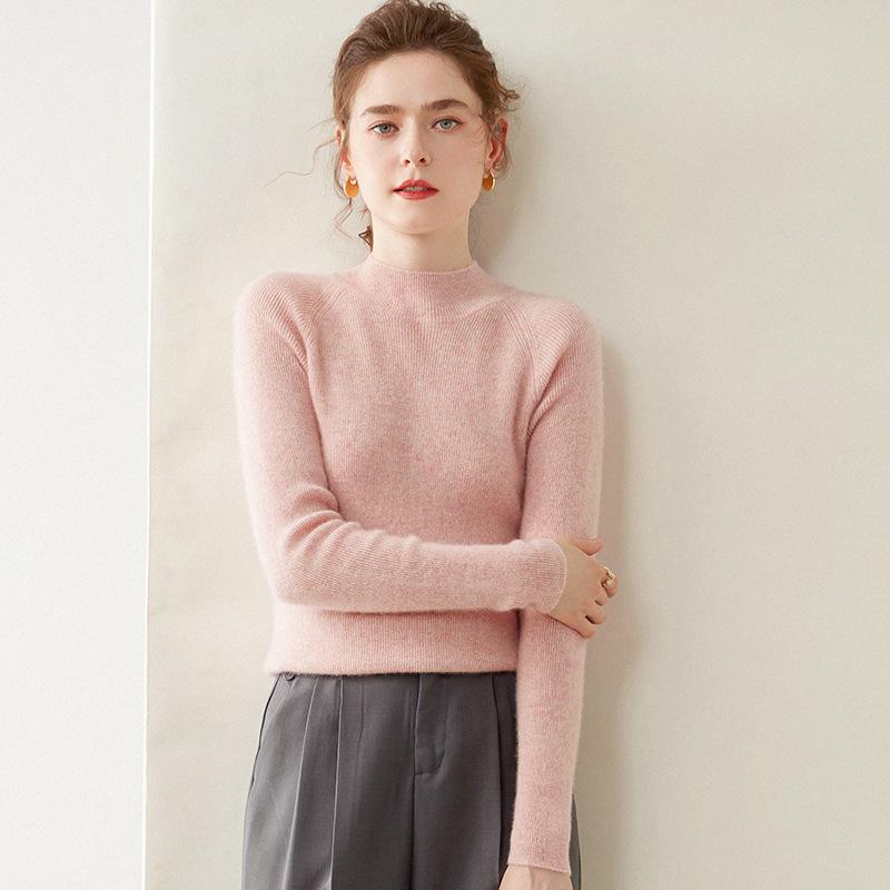 Women's Ribbed Cashmere Half-High Neck Sweater, Slimming Pullover, Long Sleeve Base Layer, Warm Knit Underlayer.