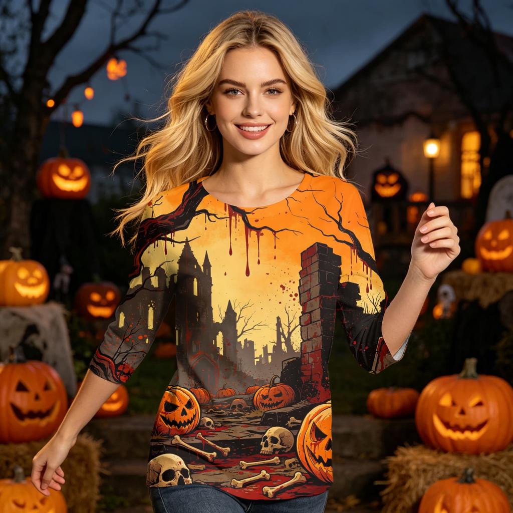 Halloween Shirt for Women 3/4 Sleeve Tunic Top Funny Splatter Pattern Casual Loose Holiday Graphic Blouse