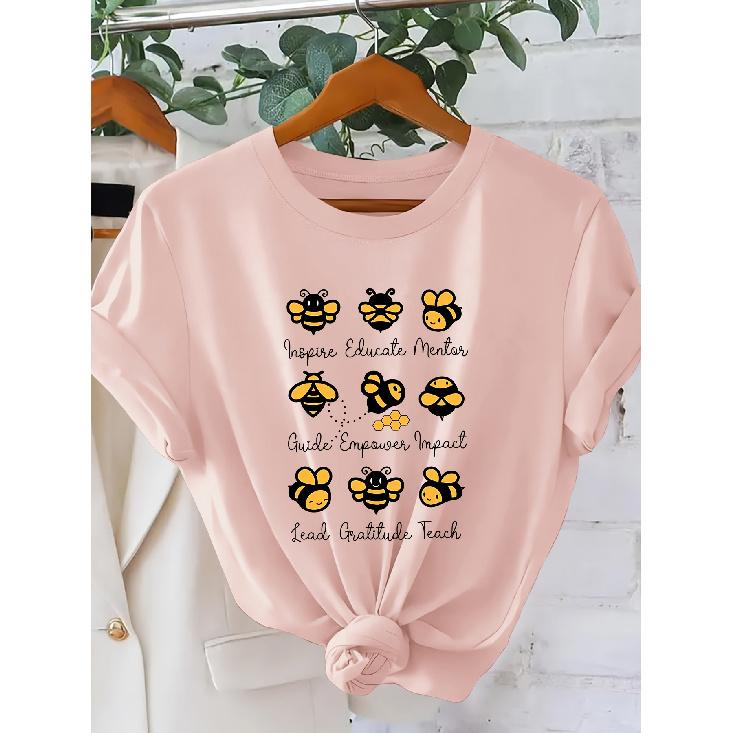 Bee Teacher Statement for Women T Shirt | “Inspire Educate Mentor” Cute bee pattern educational style round neck short sleeve shirt| Casual style S розовый