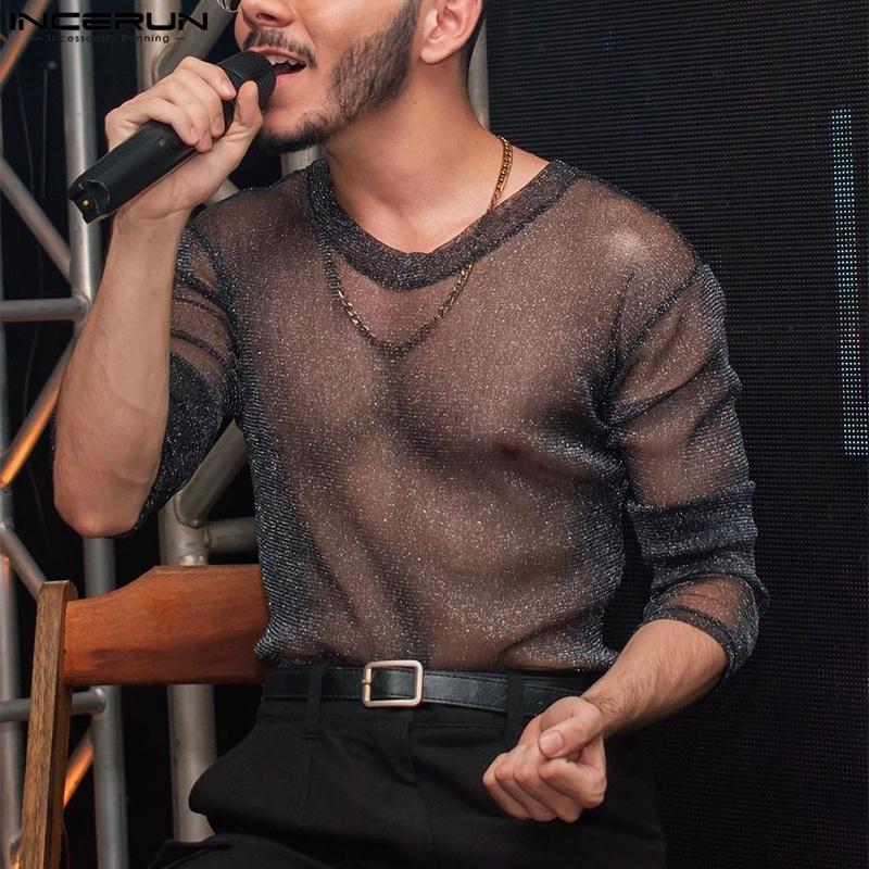 

INCERUN Летние черные мужские прозрачные однотонные сетчатые топы с длинными рукавами и круглым вырезом с мокрым эффектом