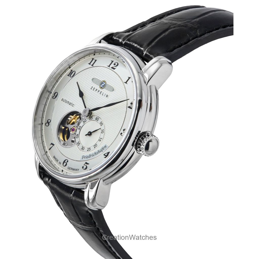 ZEPPELIN Friedrichshafen Leather Strap Silver Open Heart Dial Automatic 85664 Men's Watch