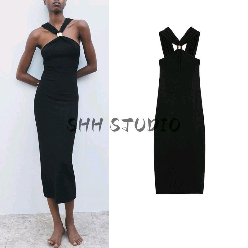 Spring New Women's Clothing Fashion Style Golden Inlaid Knitting Elegant Hanging Collar Dress 4938118