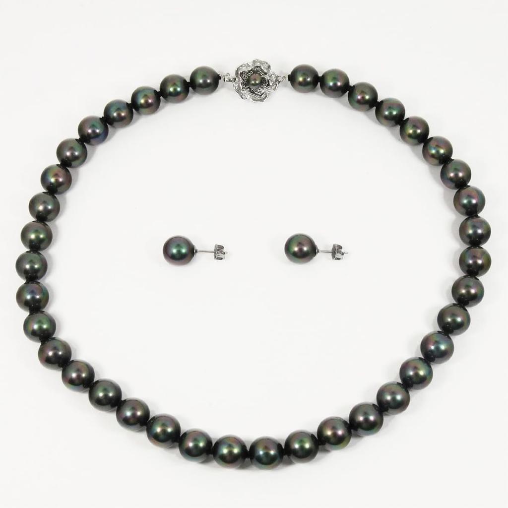 [Your and My Jewelry Box] Black Pearl Necklace and Earrings Set - Peacock Color  Black Mother-of-Pearl Pearls 10.0mm Up, 45cm Size Made in Japan