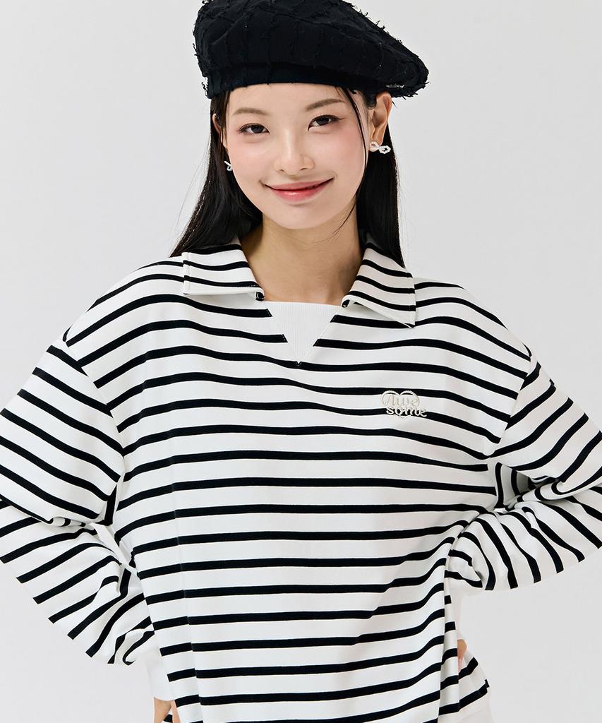 CHASECULT Women'S Striped Collared Sweatshirt - Ivory