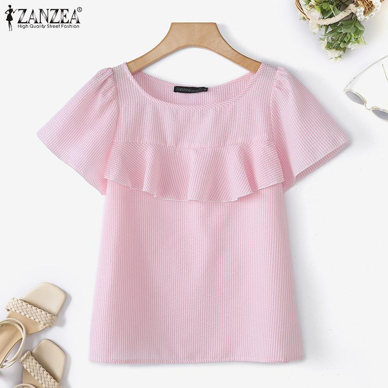 ZANZEA Women Casual Round Neck Short Sleeve Stripe Ruffles Blouse