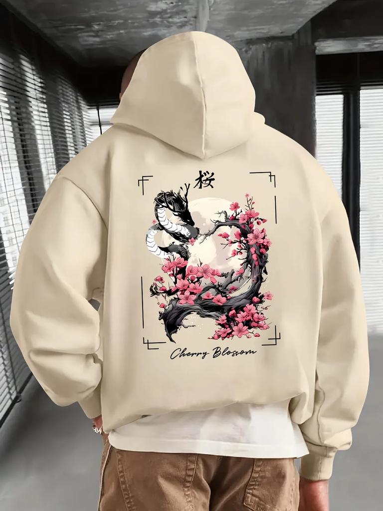 Felpa con cappuccio vintage da uomo Autunno Drago giapponese tradizionale Telaio Luna Fiori di ciliegio Stampa posteriore Larga Streetwear asiatico Felpa con cappuccio