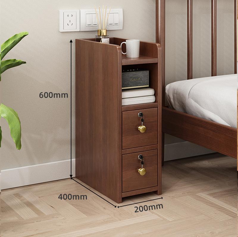 Solid Wood Locking Nightstand, Compact Slim Bedside Cabinet, Modern Minimalist Storage Organizer, Narrow Gap Bedroom Furniture
