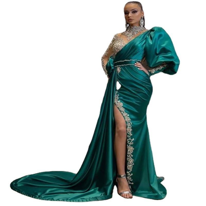 2025 banquet fishtail gold dress host stage performance model small trailing thin elegant evening dress