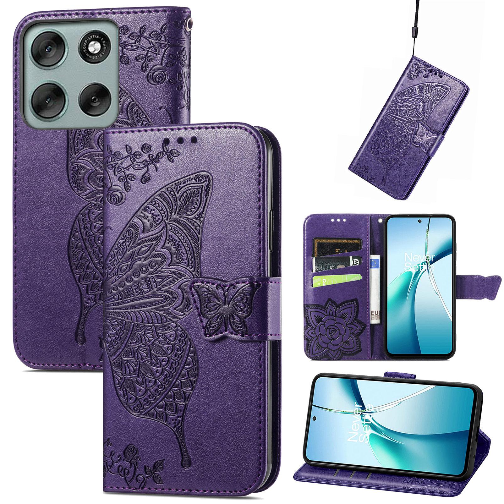 

Чехол для Motorola Moto G56 5G с ремешком, узор бабочка , кошелек из искусственной кожи, чехол для телефона Dark Purple