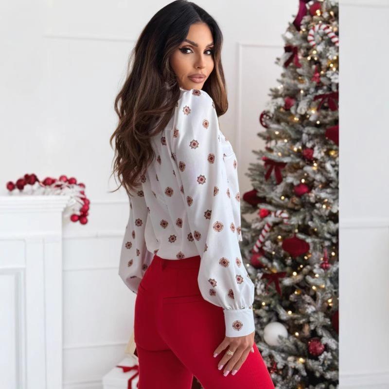 Camisa de manga larga con lazo y estampado sencillo de primavera para mujer