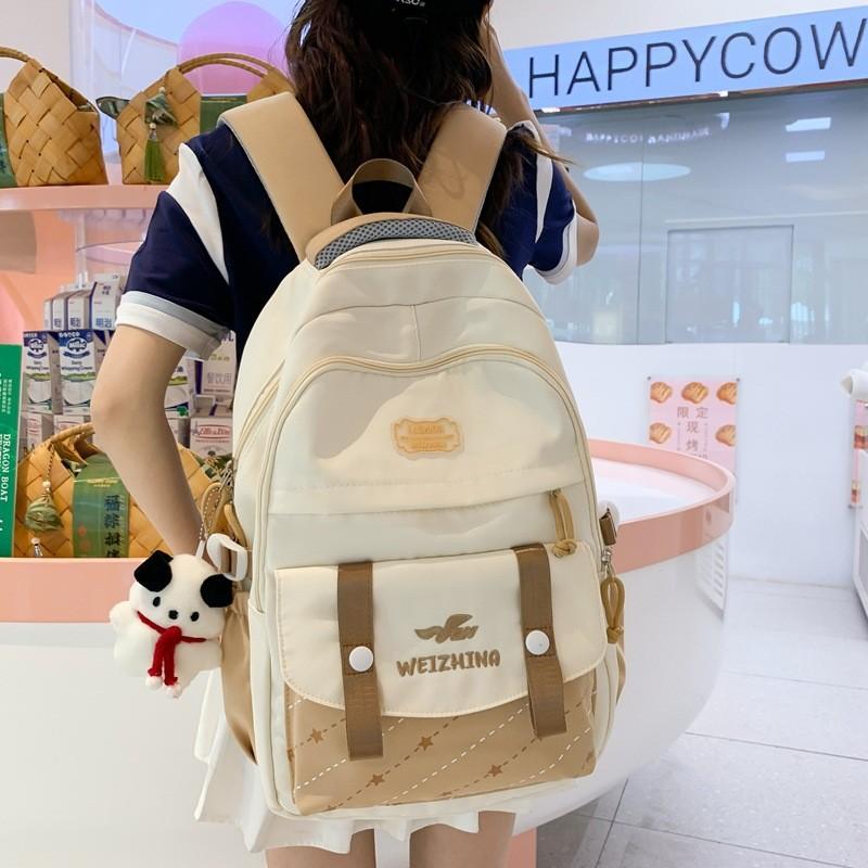 Color Blocked Letter Embroidery Student Backpack With Plush Pendant For Daily Use