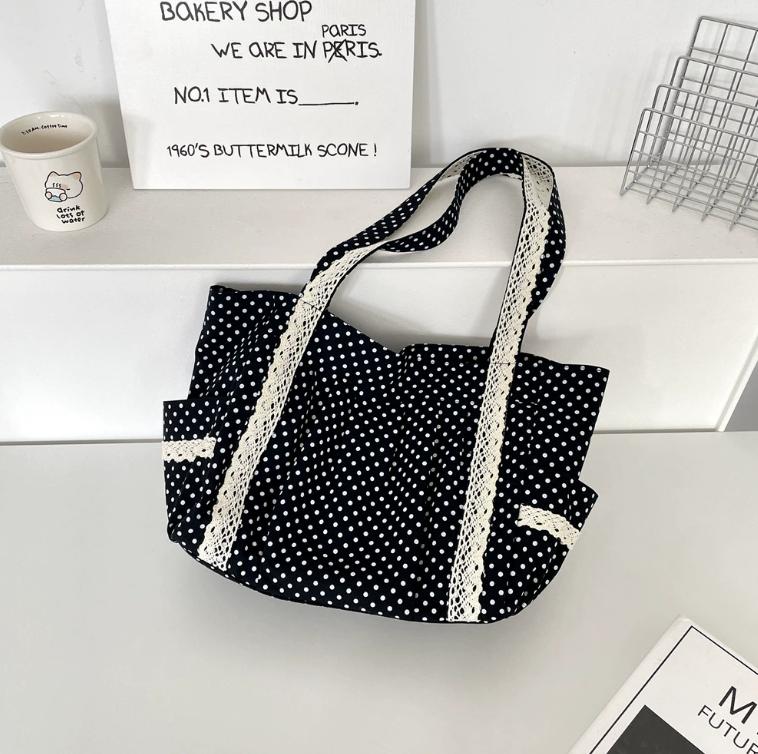 

Japanese Sweet Cute Polka Dot Lace Tote Bag Women Harajuku Large Capacity Shoulder Bag Ladies Color Block Versatile Underarm Bag 45x26x12cm чёрный