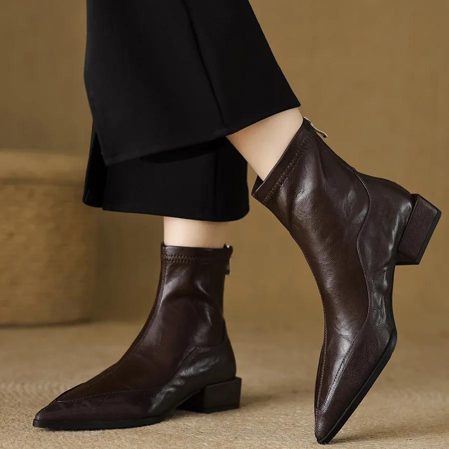 Sharp Pointed Elastic Slim Boots For Women, Autumn Winter New Thick Heel Ankle Boots For Women, Retro Brown Chelsea Boots