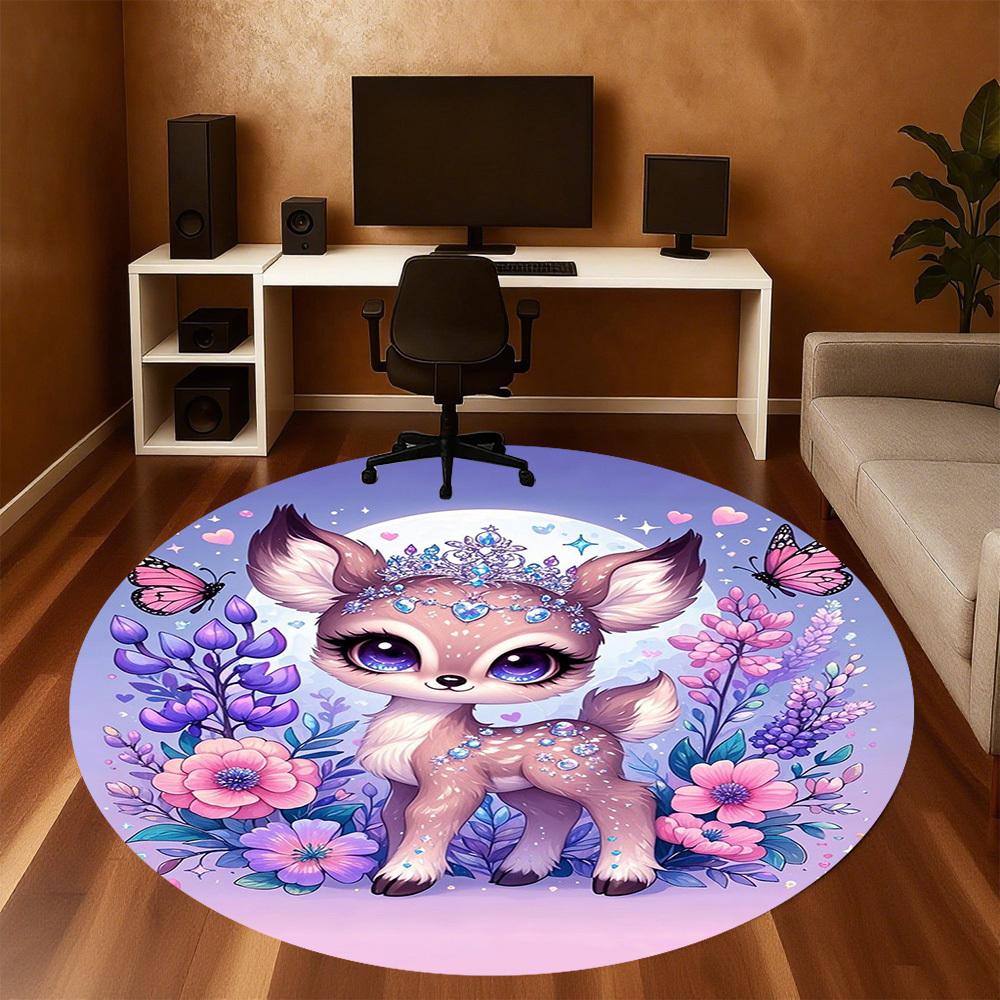 1PC Deer Flowers Fantasy Round Chair mat Area Rug - Non-Slip, Floor Mat for Office, Bedroom, home decor Christmas Gift c0528020