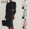 HNXC Abiti Casual da Donna Moda Autunno Inverno Colore Unito Stampa Manica Lunga Scollo a V