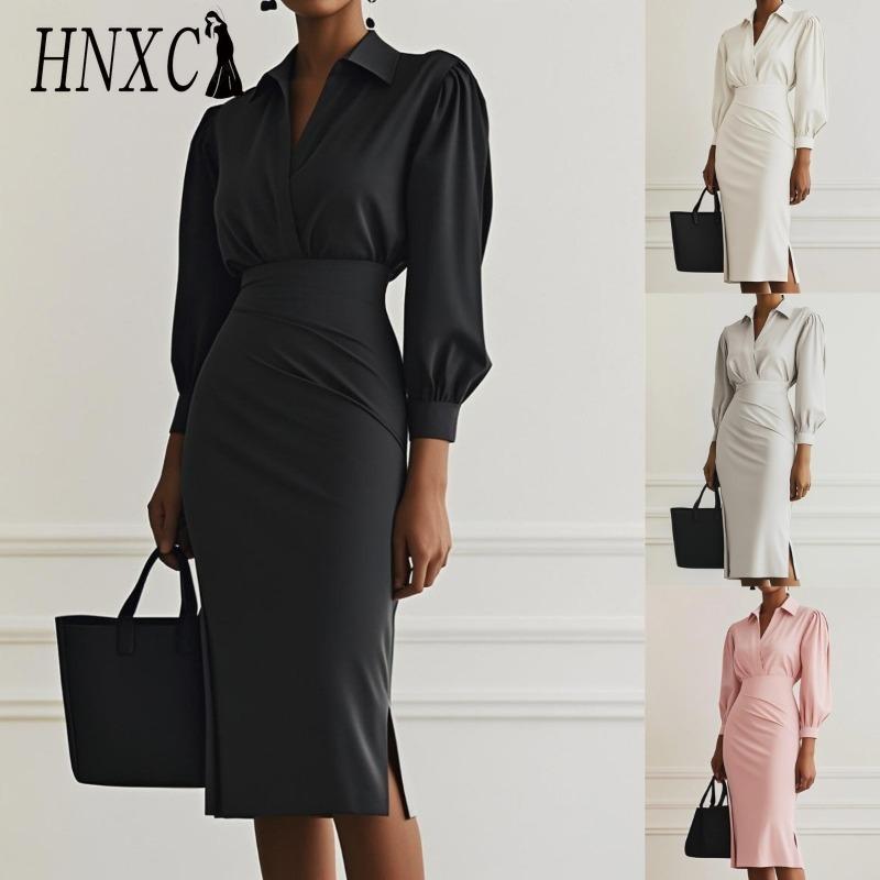 HNXC Abiti Casual da Donna Moda Autunno Inverno Colore Unito Stampa Manica Lunga Scollo a V
