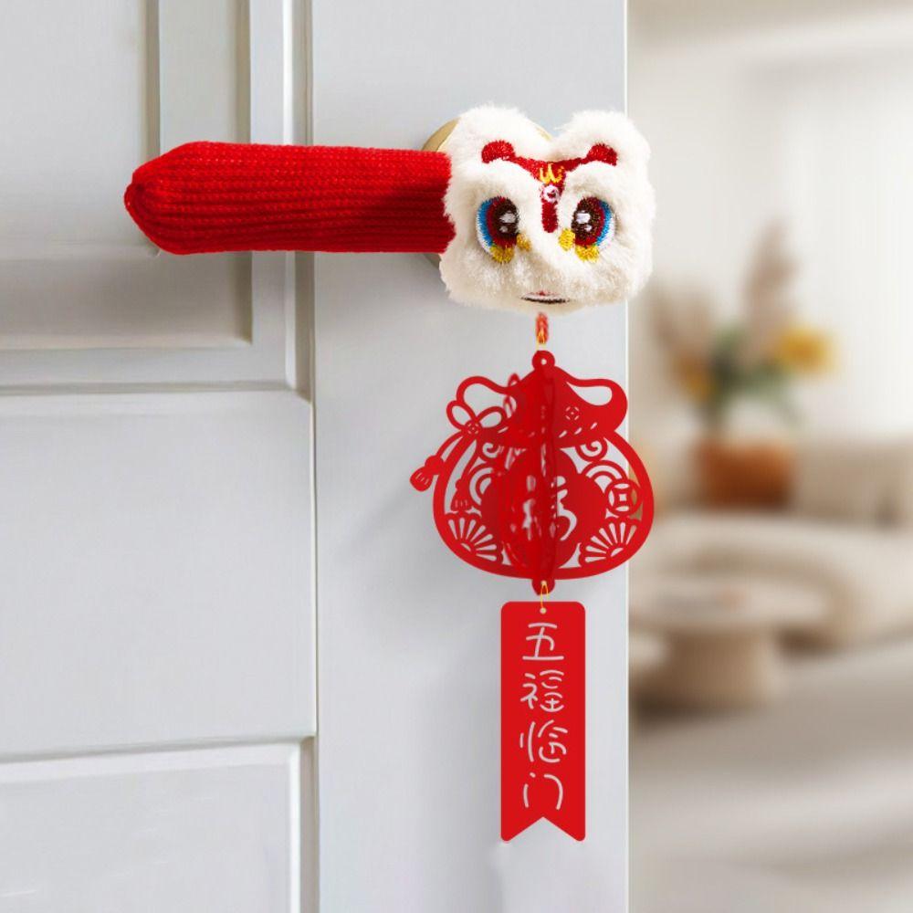 Anti-static Door Handle Protective Cover Knitted Dustproof Lion Dance Door Knob Cover Replaceable Antifouling New Year Decor