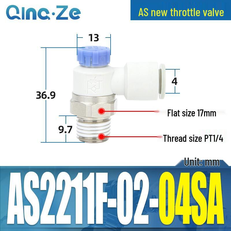 Throttle Speed Control Valve with AS1201F-M5-04A Pneumatic PU Air Hose Connector, Models AS2201F-01-2-06SA/08SA.