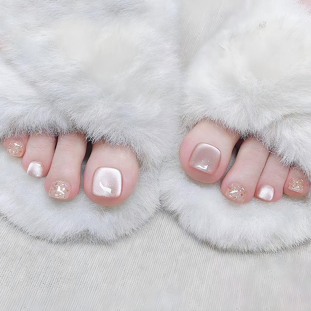24 Pcs Short Square Fake Toenails Blue Cat Eye Rhinestone Design Full Cover Press On Nail Tips