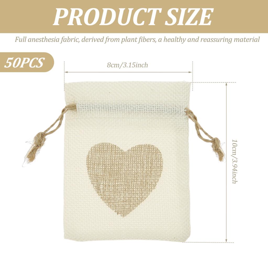 50Pcs Drawstring Jute Bags Reusable Linen Small Present Bags with Heart Pattern Versatile Empty Sachet Pouch for Presents