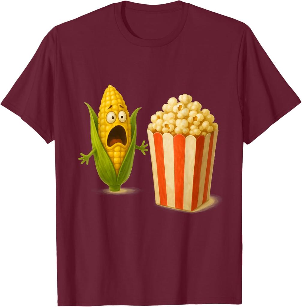 Funny Screaming Corn Popcorn Horror Food Humor Graphic Tee Casual Cotton T-Shirt for Men Women