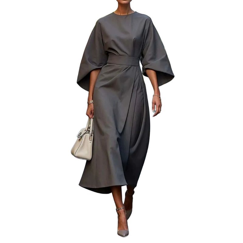 Minimalist Crew Neck Wrap Dress Elegant Belted Midi Dress