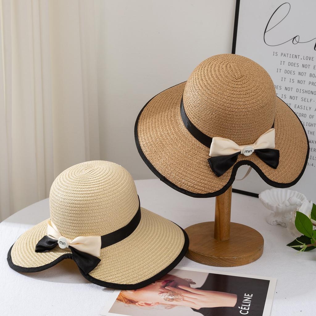 New bow straw hat women's summer sunscreen sun hat casual versatile large brim straw woven sun hat