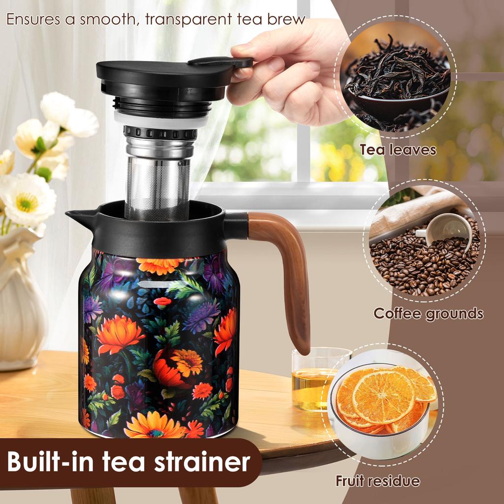 800/1000ml Vintage Blumen Tee Thermoskanne Edelstahl Teekessel Auslaufsichere Teekanne mit Tee-Sieb Mini Thermo Kaffeekanne