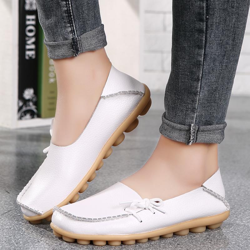 New Moccasins Women Flats  Autumn Woman Loafers Genuine Leather Female Shoes Slip On Ballet Bowtie Women'S Shoes Big Size