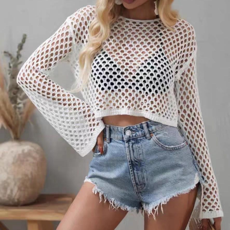 Summer New Knitted Sweater Horn Sleeves Loose Round Neck Hollow Sweater Women