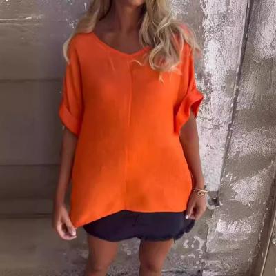 Women's V-neck Blouse Loose Fitting Seven Quarter Sleeve Top