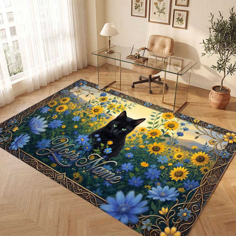 Cat Theme Crystal Velvet Floor Rug Personalized Custom Name Text Warm Carpet Home Decoration