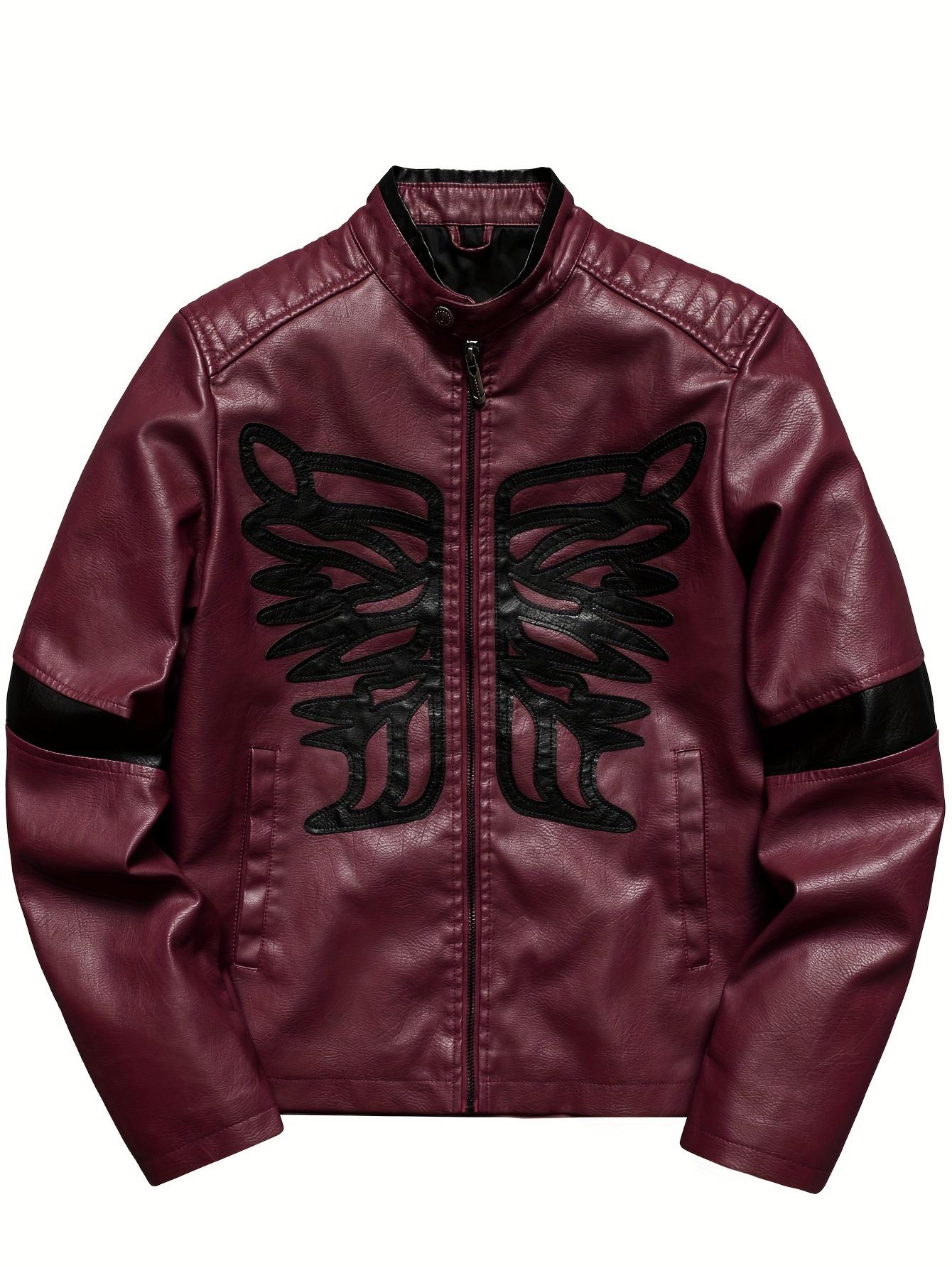 

Мужская куртка из искусственной кожи в стиле колор-блок — уличный стиль, небольшой воротник-стойка, неэластичная ткань, классический крой, длинные рукава, застежка-молния спереди XXXL бордовый