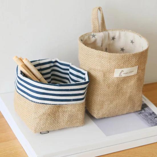Yousheng Cotton Linen Hanging Storage Bag Wall Mounted Storage Basket Small Folding Storage Bag with Handle for Keys Toys Cosmetics