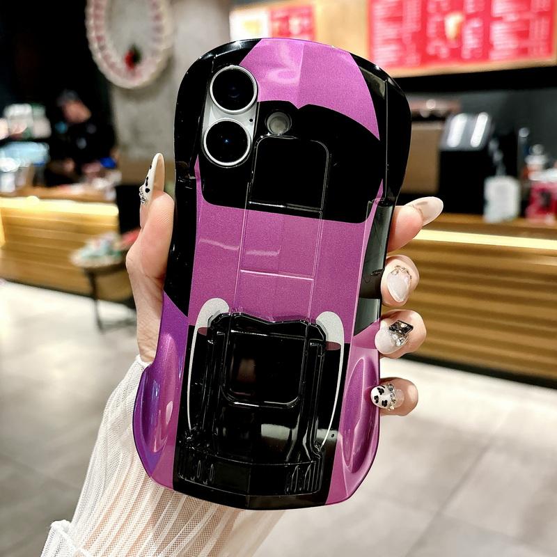 3D Car Shape Cool Glossy Phone Case For iPhone 16 Pro Max 15 Pro 14 13 12 11 Slim Hard PC Hybrid Silicone Soft Edge Shockproof Bracket Back Cover