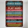 Vintage Distressed Family Rules Metal Sign with Wooden Plank Background - Retro Rustic Wall Decor for Home Cafe Bar, Mixed Color