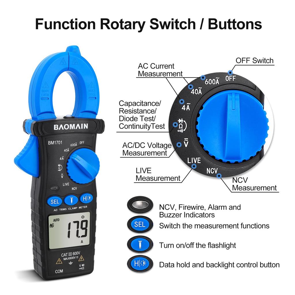 BAOMAIN - Digital Clamp Meter, 4000 Count Multimeter, Measures 4A/40A/600A AC Current, AC/DC Voltage, Resistance, Diode, Continuity, NCV, Wire Test, B