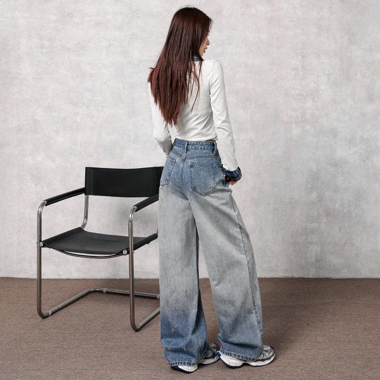 Autumn Gradient Retro Women's High Waist Wide-Leg Jeans - Hong Kong Style, Floor-Length Pants