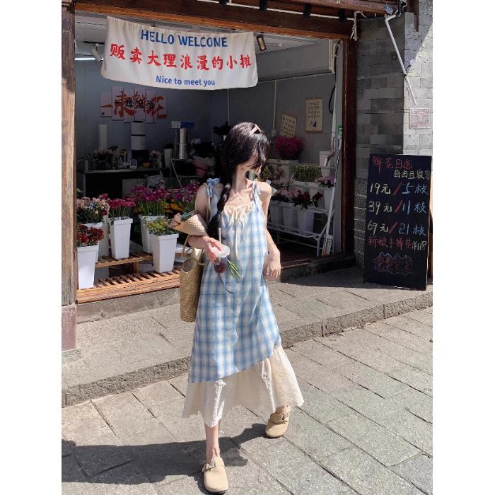 

[Welcome to Kanban] Red fake two-piece plaid lace suspender dress women s summer seaside vacation dress S