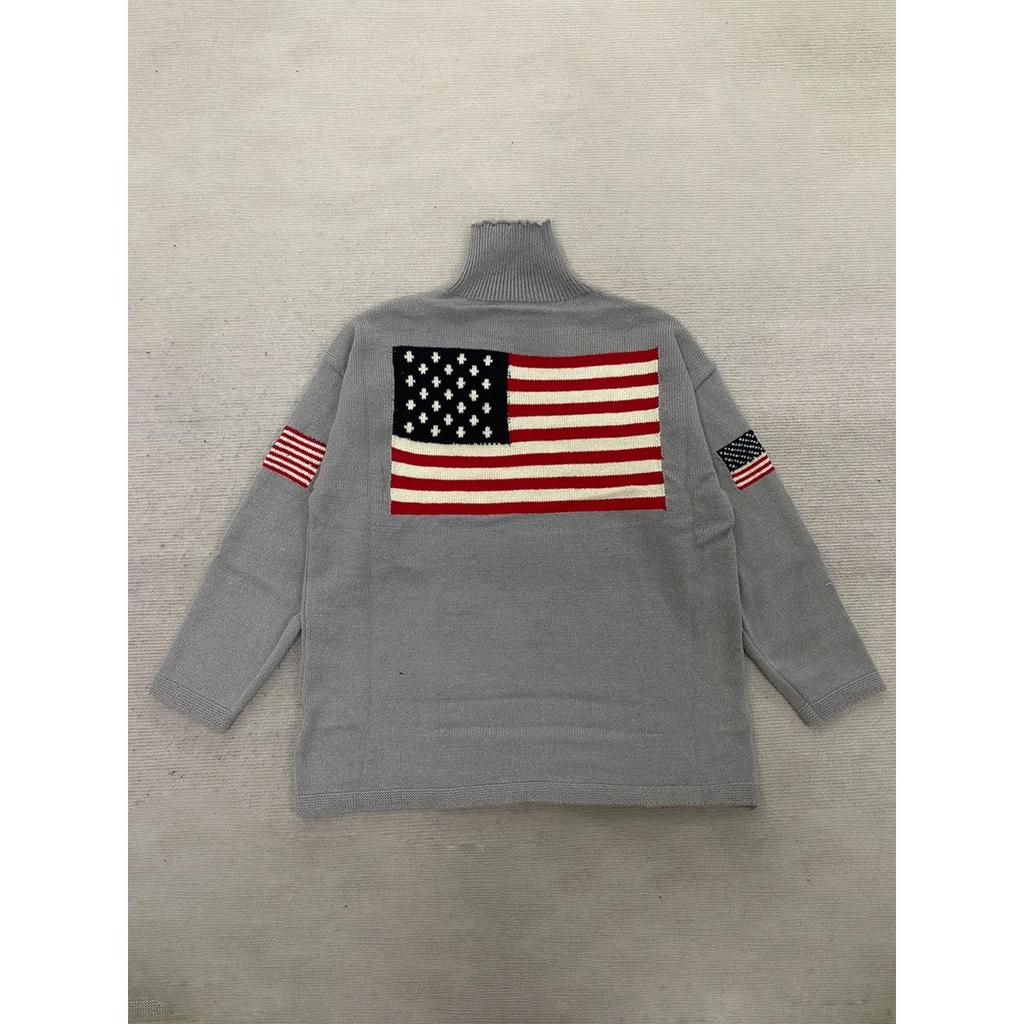 STREETRICH European and American Autumn and Winter Design Sense Flag Print Knit Sweater Casual Loose Round Neck Pullover Sweater