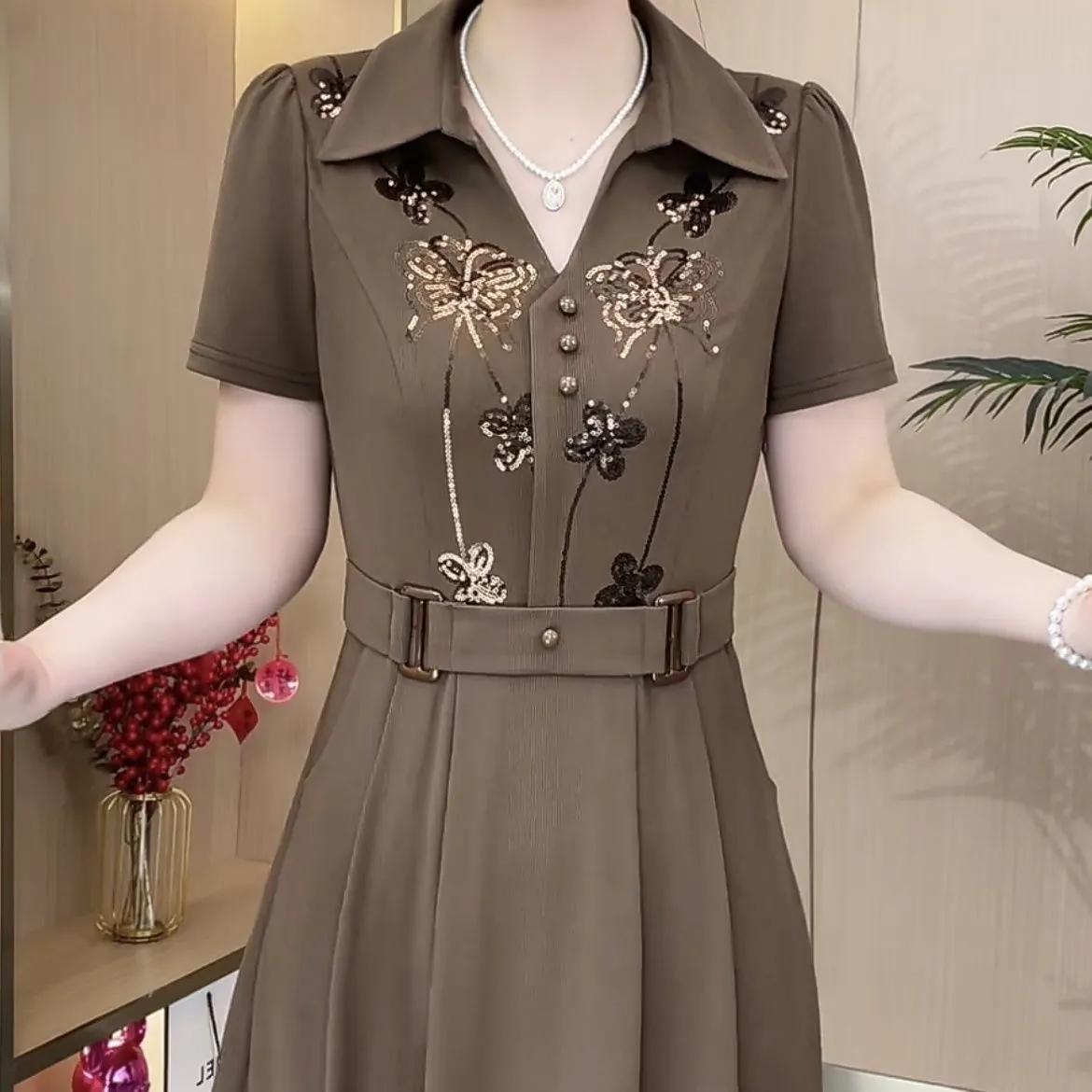 

Женское платье в западном стиле, летняя весна, мода, высококачественные длинные платья с пайетками для мам среднего возраста, элегантные облегающие платья S кофейный