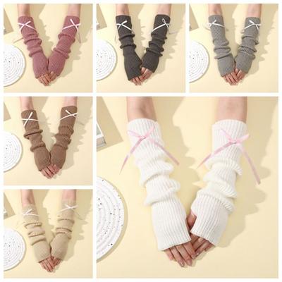 New Y2K Long Wrist Gloves Bowknot Thicken Knitted Arm Sleeves Solid Color Soft Half Finger Gloves Women