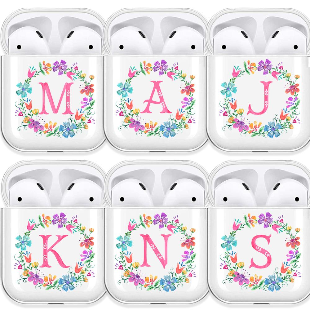 

Мягкий чехол из ТПУ с розовым цветочным принтом и заглавной буквой AZ для AirPods 2 1, прозрачный силиконовый чехол с алфавитом для беспроводной Bluetooth коробки для наушников