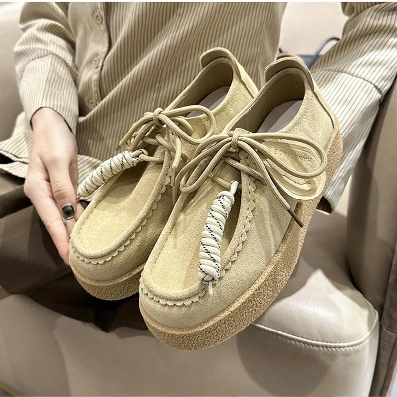 Zapatos para Mujer Mocasines Gamuza Cuero Genuino Estilo Británico Con Cordones Zapatos de Estudiante Mujer Talla Grande Zapatos Clásicos para Mujer