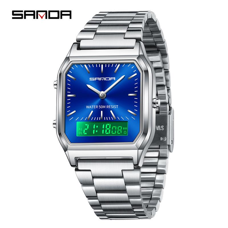Sanda Retro Dual Display Steel Band Watch - Classic Business Style for Men & Women